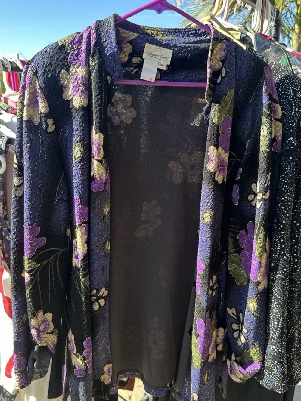 Coldwater Creek Navy Floral Open Cardigan with Purple and Olive Accents